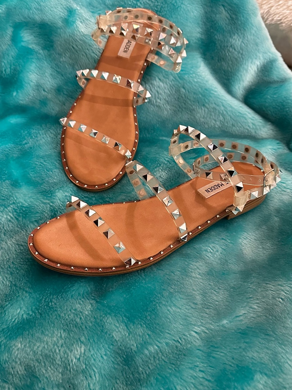 Steve Madden Clear Studded Strap Sandals - Tan Footbed